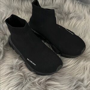 EUC Balenciaga Black Knit Sock Sneakers with White Logo sz 4-4.5